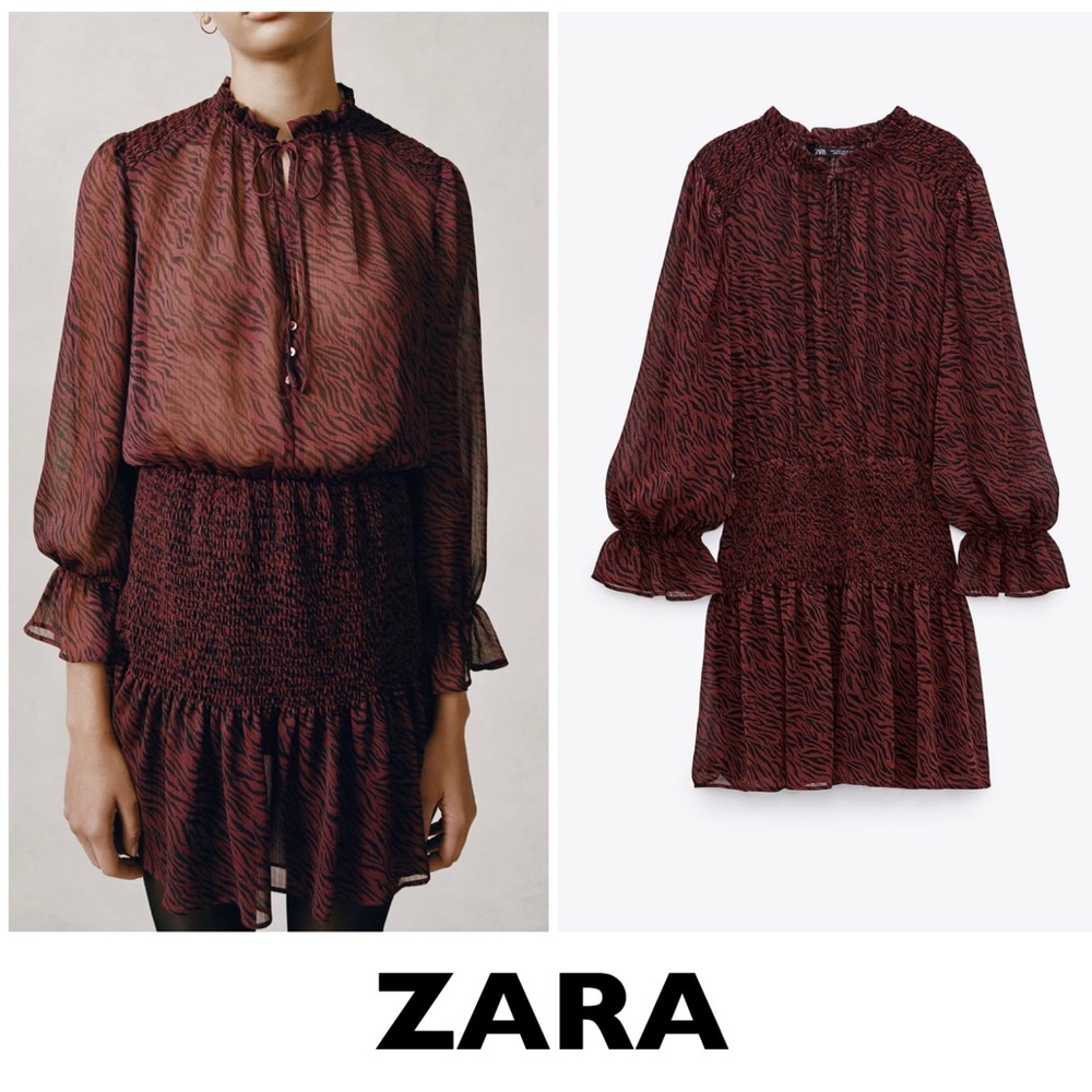 ZARA Burgundy Zebra Print Mini Dress with Ruffle Hem Size Small